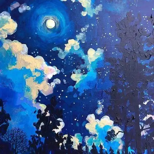 绘画我们在梦幻的蓝色树林中相遇