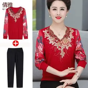 婚庆新娘妈妈春装套装洋气喜婆婆婚宴装两件套结婚礼服红色上衣女