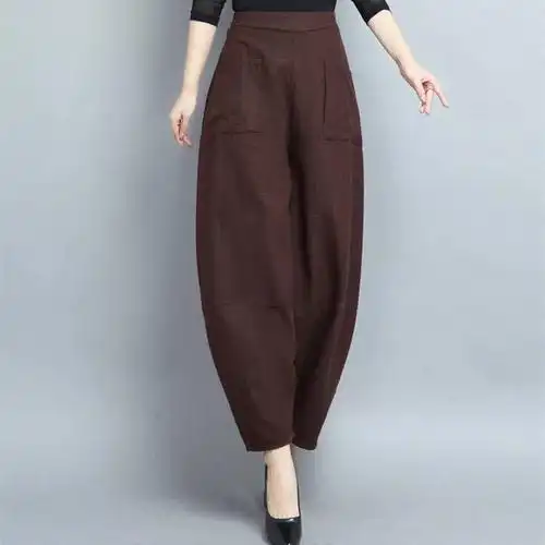 休闲百搭萝卜哈伦裤2024新款女民族风棉麻高腰宽松阔腿灯笼裤夏季