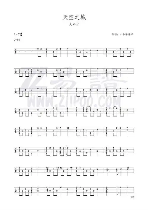 天空之城尤克里里指弹四线谱简单入门零基础