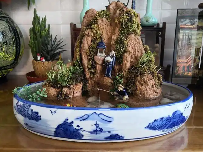 特大号椭圆形无孔青花瓷盆山水盆景假山复古吸水石上水石传统底座