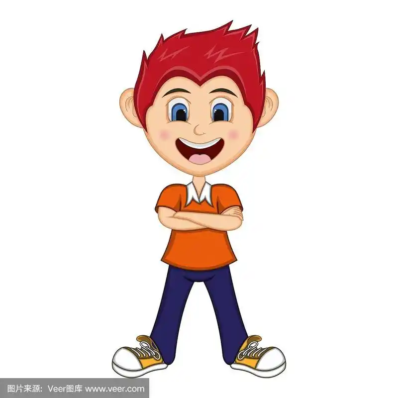 男孩双臂交叉站着卡通矢量插图