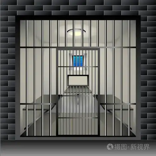 牢房.监狱内部房间与窗口格栅和家具