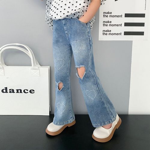 儿童中大童牛仔裤女童裤子春季破洞牛仔裤松紧腰长裤微喇裤