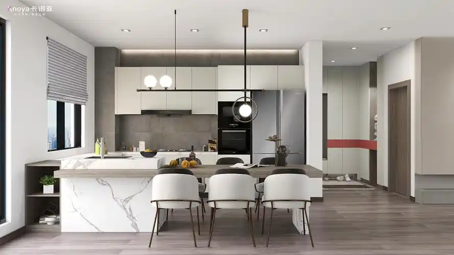 半岛式岛台一般是通过倚靠一面墙或橱柜而成,常用于一字型厨房改造成l