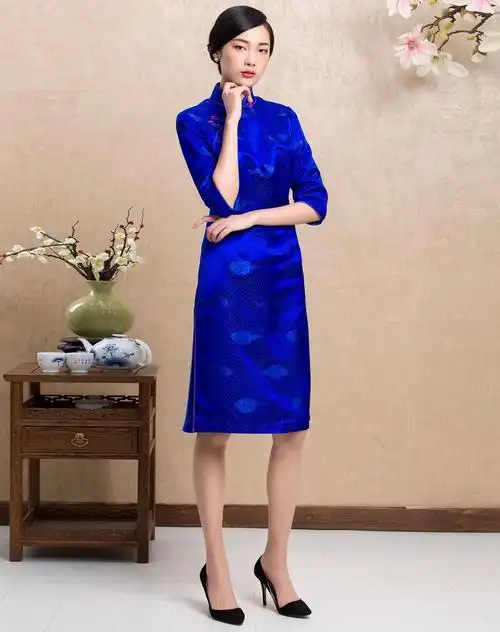 女款宝蓝色织锦缎旗袍