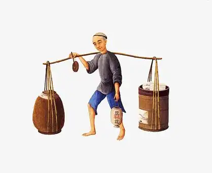 png挑扁担担水的王奶奶png卡通挑扁担戴斗笠的人png挑水少年png黑白