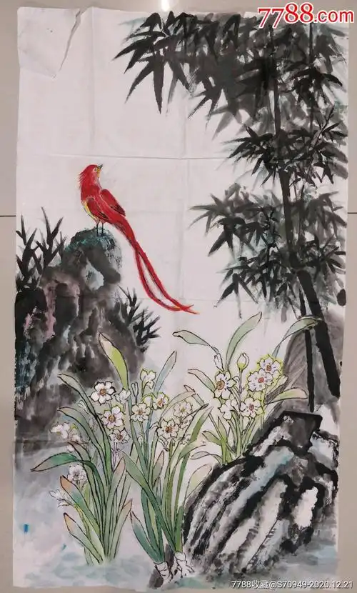 水仙寿带鸟_花鸟国画原作_镜泉草堂【7788收藏__收藏热线】