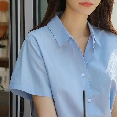 夏季蓝色短袖衬衫女学生内搭外穿宽松百搭盐系衬衣复古上衣女港风