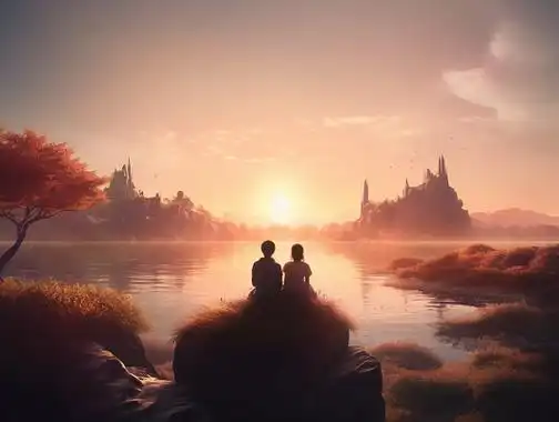 情侣紧挨着坐在一起的背影唯美浪漫情人节爱情双人写实手绘插画温馨