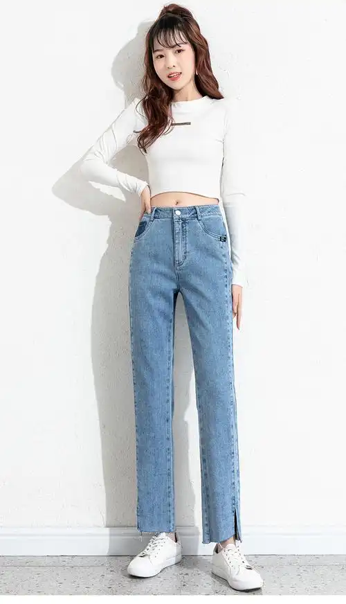 芷咖 开叉直筒牛仔裤女宽松夏季九分裤2021年新款高腰宽松百搭小个子