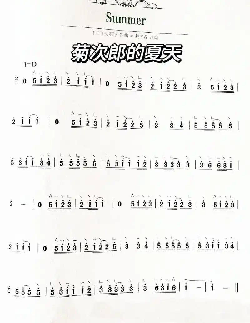 古筝谱《菊次郎的夏天》 d调曲谱,简易版,示范版在主页哦