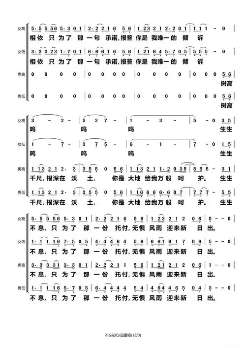 不忘初心四重唱石头打谱13709671385简谱歌词