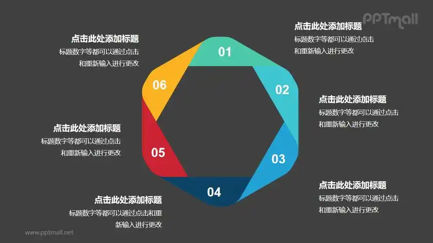 彩色折纸组成的六边形循环关系逻辑图ppt模板
