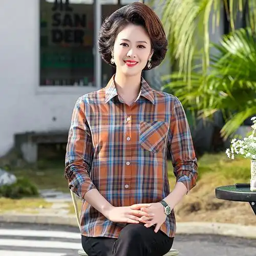 纯棉韩版条纹上衣2023春秋新款衬衫女中老年妈妈40时尚50岁长袖