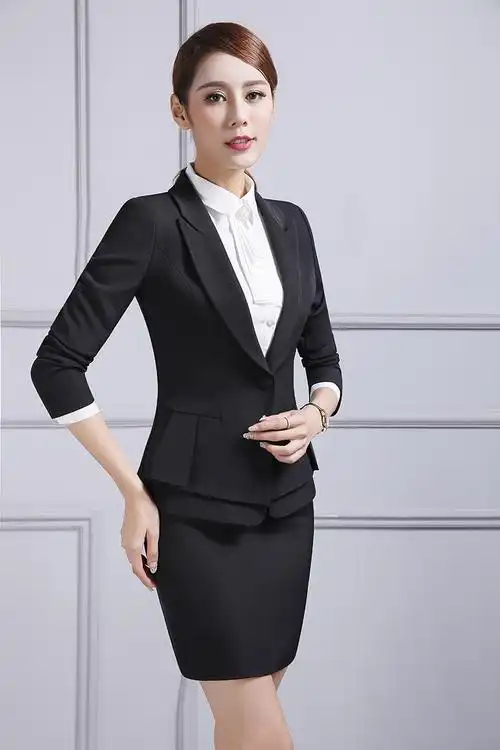 2016春秋韩版款一扣口袋时尚正装西服职业装女半身裙紫色套装