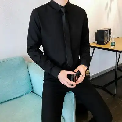 黑衬衫男长袖韩版修身休闲帅气衬衣百搭潮流男士职业正装领带寸衫