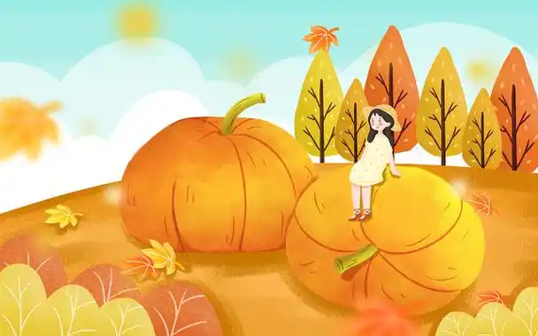 秋天插画可爱卡通风格秋天丰收节女孩与南瓜原创插画海报