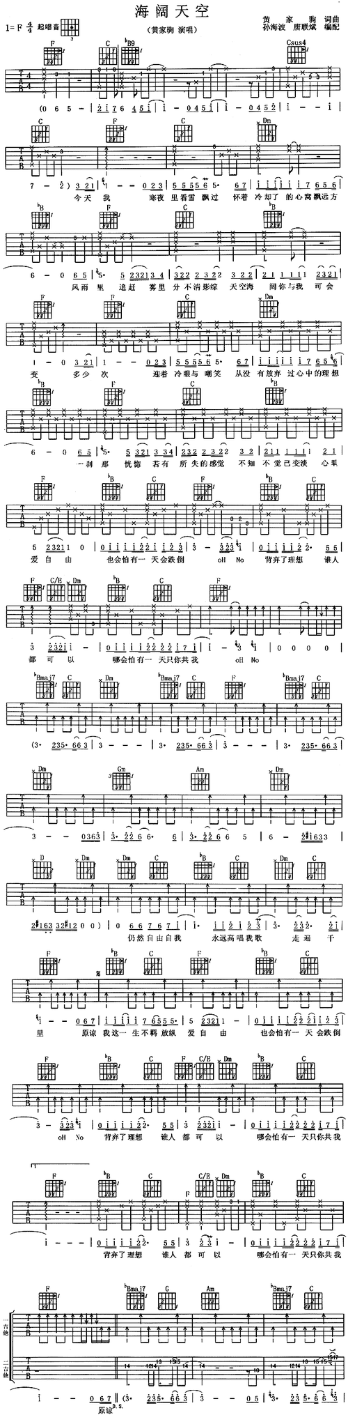 求海阔天空吉他谱高潮时和弦的顺序