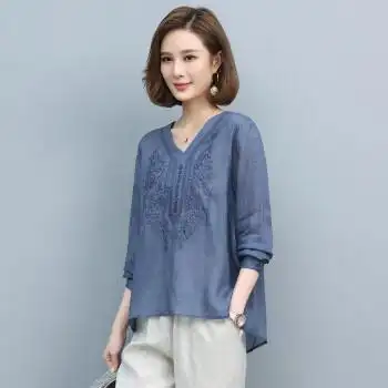 中年女士夏天长袖衬衫新款初夏薄款棉麻上衣2022妈妈洋气刺绣苎麻衬衣