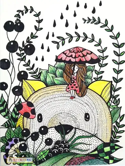 儿童绘画丨水粉与线描,两例创意装饰画