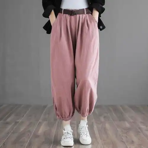 代勒原创棉质纯色休闲裤女秋季新款松紧腰宽松复古褶皱收脚灯笼裤