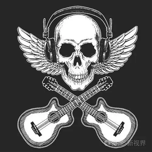头骨戴着电吉他耳机.重金属党.摇滚明星