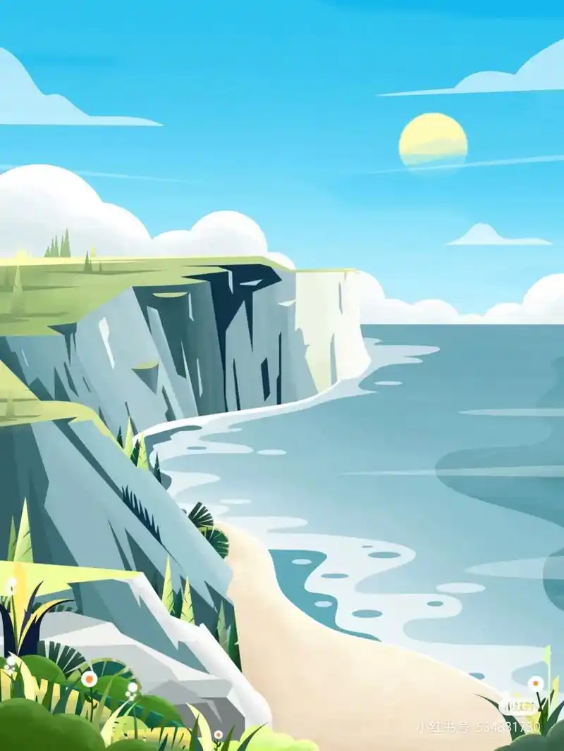 场景插画-海边的散布～(64)含步骤.临摹来源:@插画师rw - 抖音