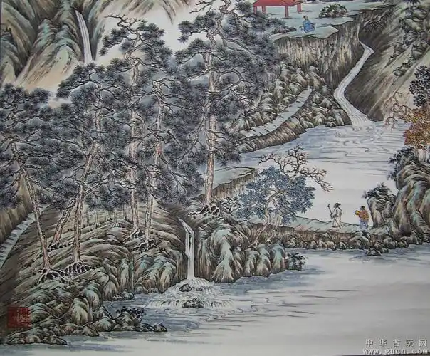 名家水墨设色山水画——携琴访友图!