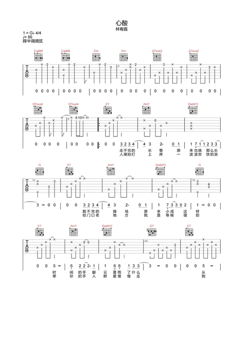 心酸吉他谱-林宥嘉-《心酸》a调原版弹唱六线谱1
