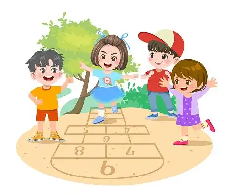 手绘卡通小朋友玩耍老鹰抓小鸡游戏免扣元素小孩儿童六一魔方木马儿童