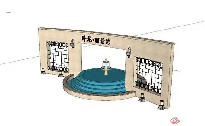欧式镂空景墙水池景观su模型(1)