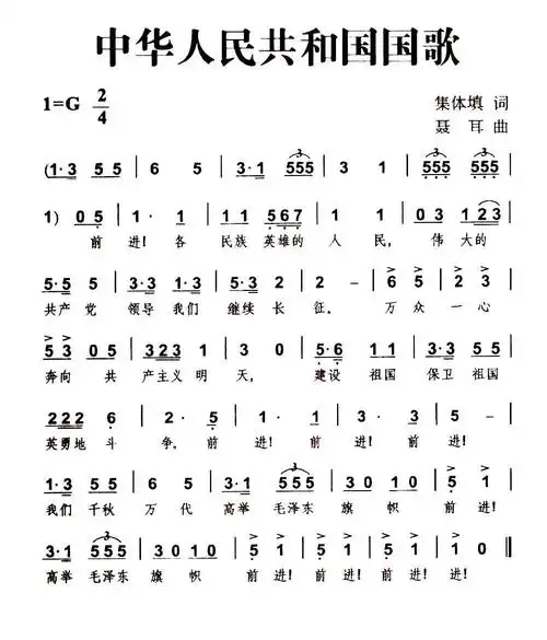 中华人民共和国国歌 1978版 歌谱 简谱