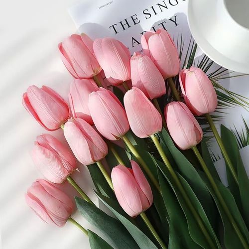 行湘仿真花郁金香假花装饰花艺摆件 仿真郁金香粉色10支【不含瓶】