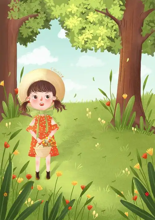 儿童插画——采蘑菇的小女孩 绘本封面插画