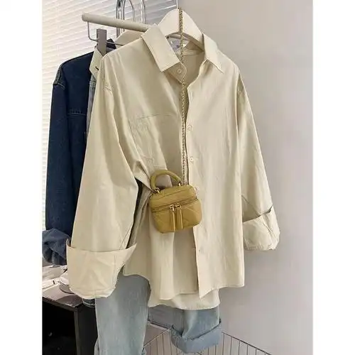 100%水洗纯棉 单衣袋 长袖纯色衬衫上衣宽松开衫外套 - 17网