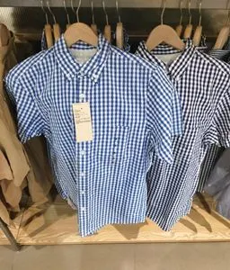 国内代购 无印良品muji 男 新疆棉泡泡纱格纹 纽扣领短袖衬衫