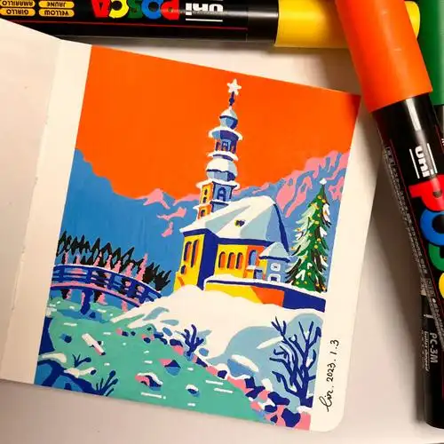 丙烯马克笔冬天的雪景