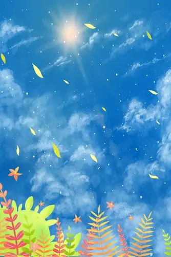 手绘 简约 小清新 蓝天 白云 太阳 阳光 绿色 植物 设计 创意 海报
