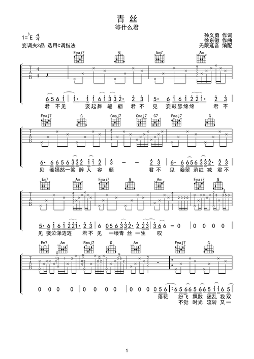 等什么君 青丝 吉他谱 c调指法eb调六线吉他谱-虫虫吉他谱免费下载