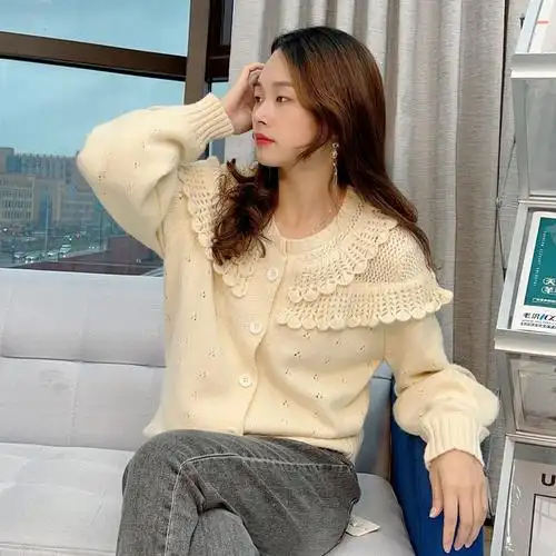 2021秋装新款针织开衫圆领长袖毛衣韩版女装气质通勤外套