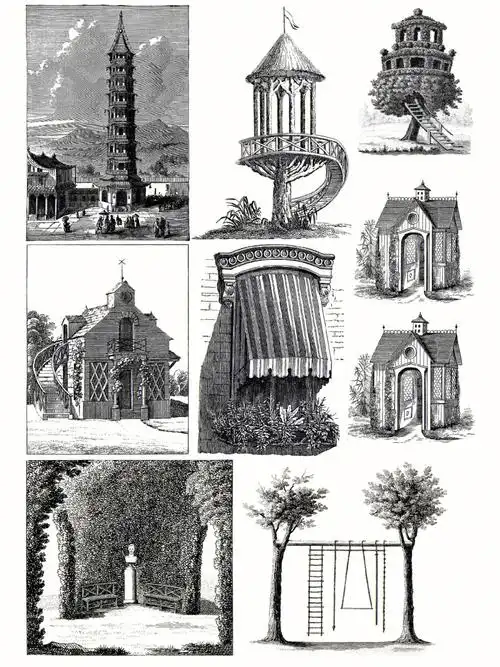 复古花园元素手帐素材一椅子门凉亭