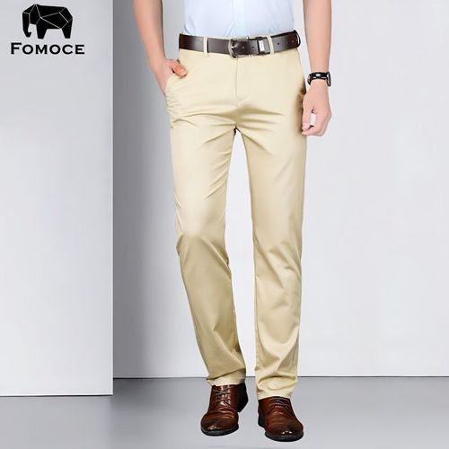法曼斯夏季冰丝男士休闲裤卡其色米色宽松直筒弹力薄款浅色长裤子