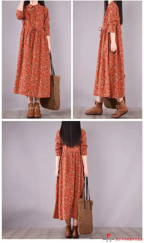 皮尔卡丹官方高档品牌女装亚麻连衣裙2022春秋复古碎花翻领收腰长袖