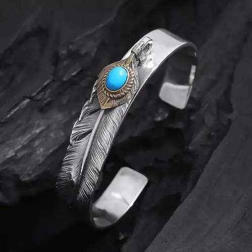 高桥吾郎goros原版手工复刻高端925银泰银xl绿松石羽毛开口手镯