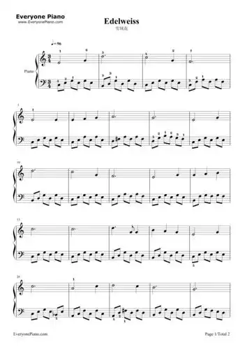 雪绒花-钢琴谱文件(五线谱,双手简谱,数字谱,midi,pdf)免费下载