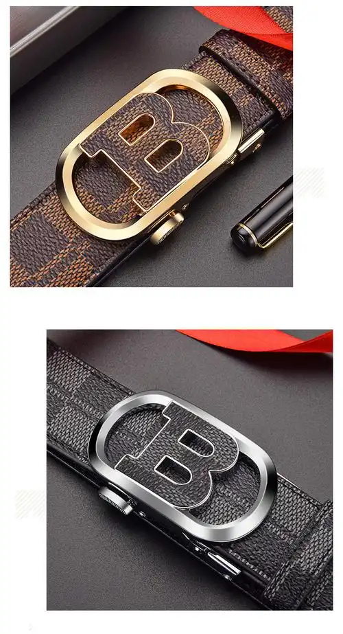 sznr轻奢品牌奢侈品皮带男b字自动扣格纹头层纯牛皮男士腰带时尚百搭