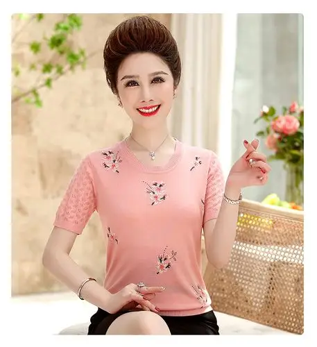 恒源祥妈妈装夏装短袖t恤洋气短款中老年女夏天冰丝圆领上衣服时尚