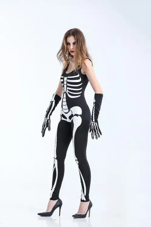 万圣节2019新款化装舞会骷髅女服装 3d印花恐怖骷髅骨架 一件代发