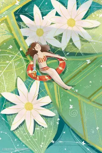 夏至夏天池塘荷叶荷花清新少女手绘风格插画图片-千库网